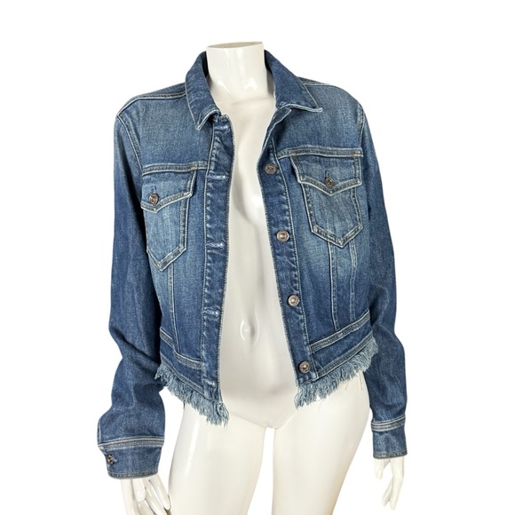 7 for all mankind women’s denim Jean jacket fringed cropped bottom size small - Picture 1 of 9